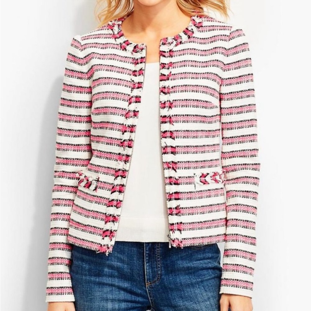 Talbots Coral Pink Black White Striped Tweed Fringe Zip Front Blazer Jacket